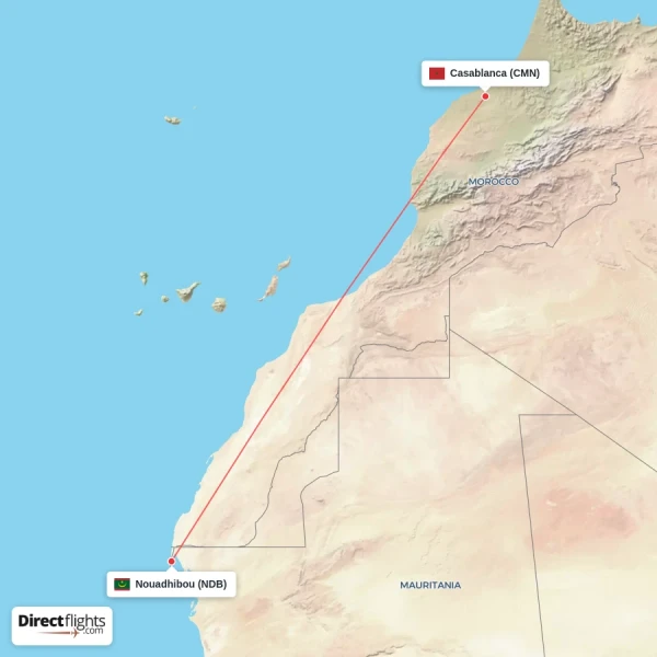 Nouadhibou - Casablanca direct flight map