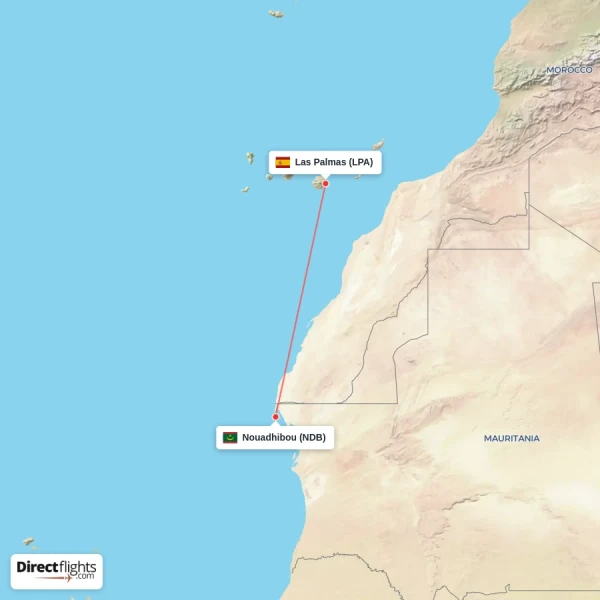 Nouadhibou - Las Palmas direct flight map