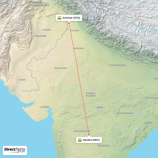 Nanded - Amritsar direct flight map