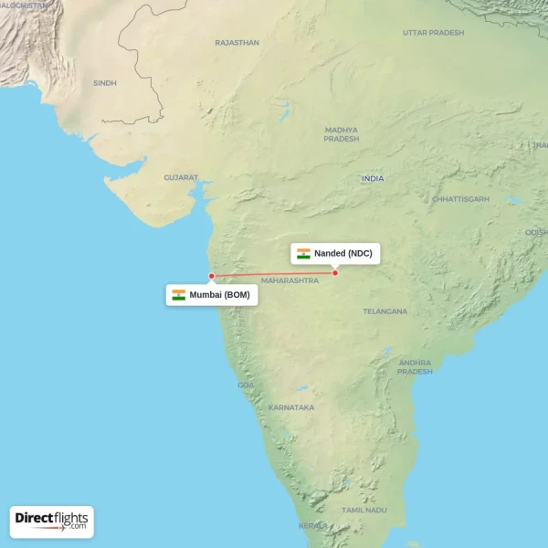 Nanded - Mumbai direct flight map