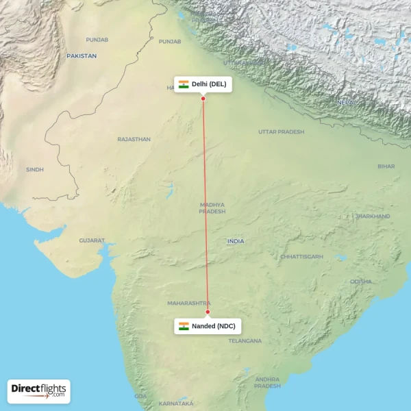 Nanded - Delhi direct flight map