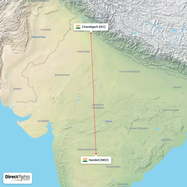 Nanded - Chandigarh direct flight map