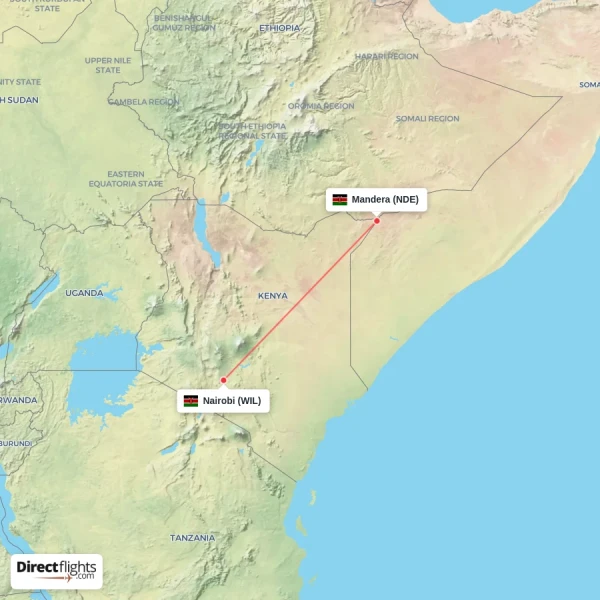 Mandera - Nairobi direct flight map