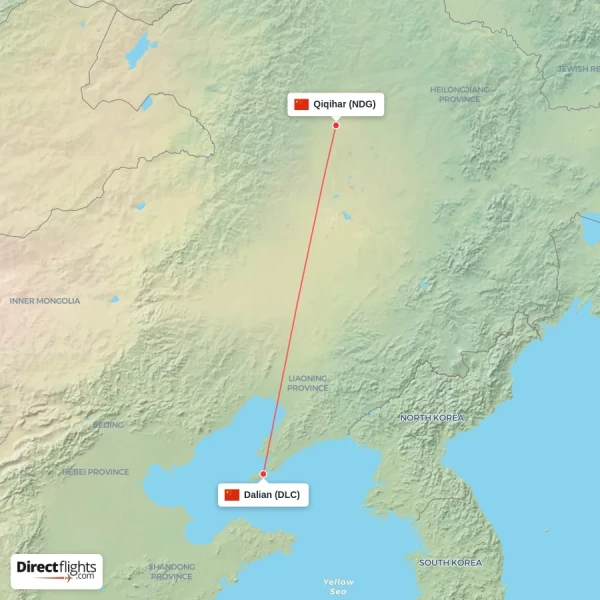 Qiqihar - Dalian direct flight map