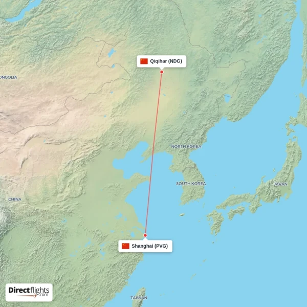 Qiqihar - Shanghai direct flight map