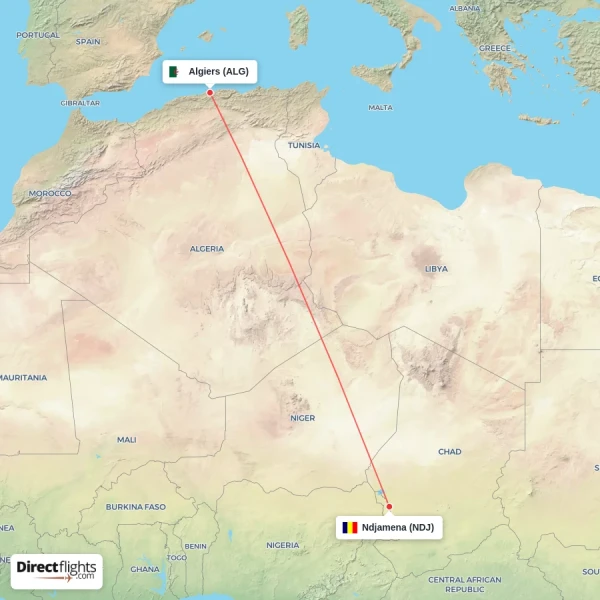 Ndjamena - Algiers direct flight map