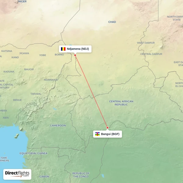 Ndjamena - Bangui direct flight map