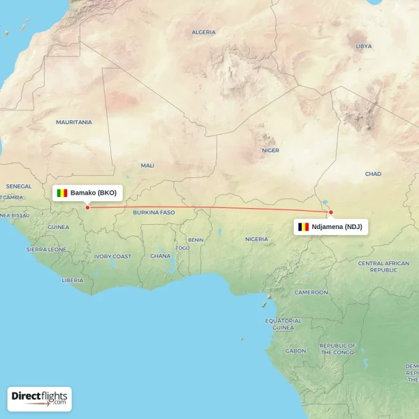 Ndjamena - Bamako direct flight map