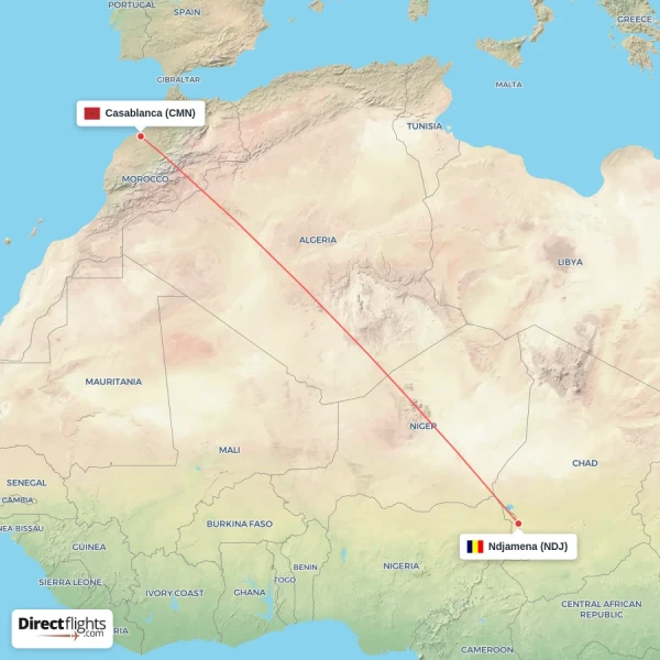 Ndjamena - Casablanca direct flight map