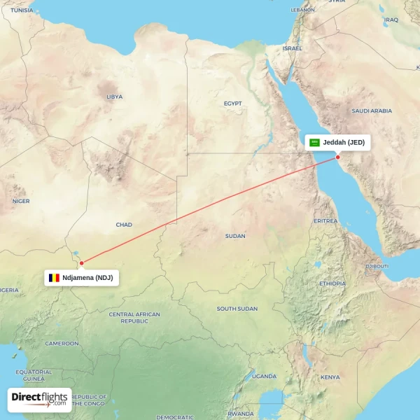 Ndjamena - Jeddah direct flight map