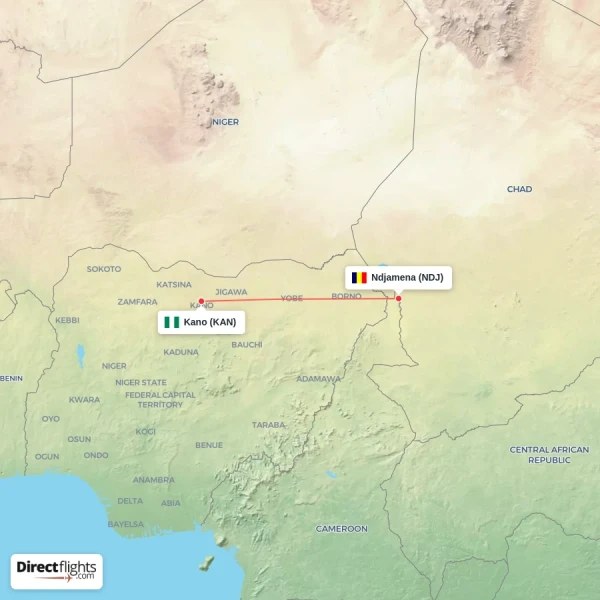 Ndjamena - Kano direct flight map