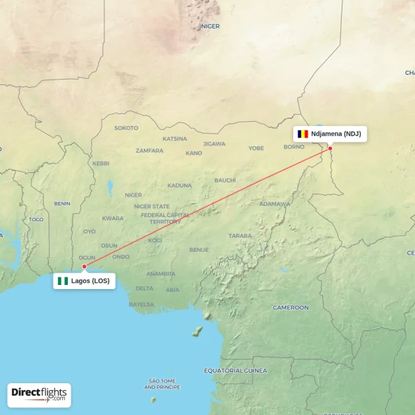 Ndjamena - Lagos direct flight map