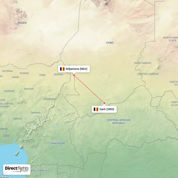 Ndjamena - Sarh direct flight map