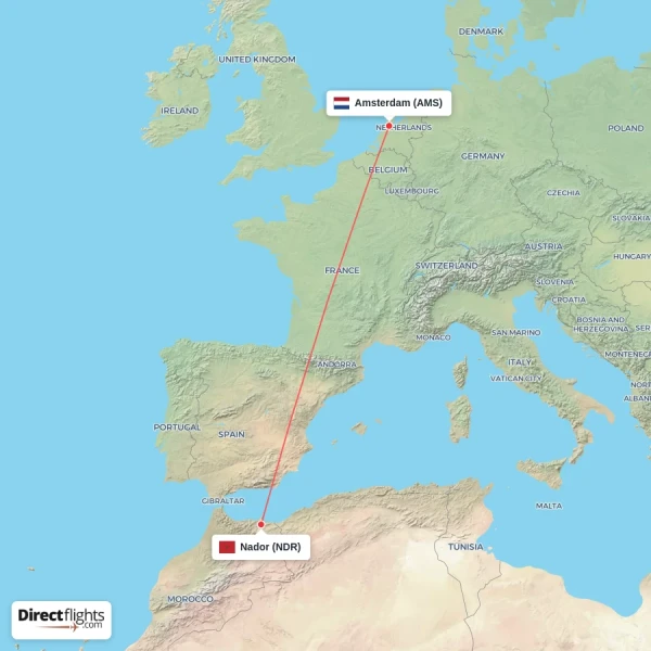 Nador - Amsterdam direct flight map