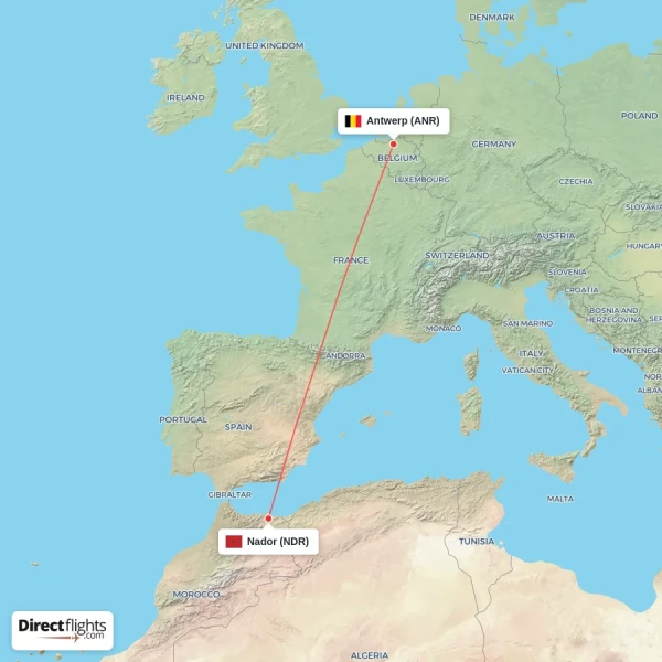 Nador - Antwerp direct flight map