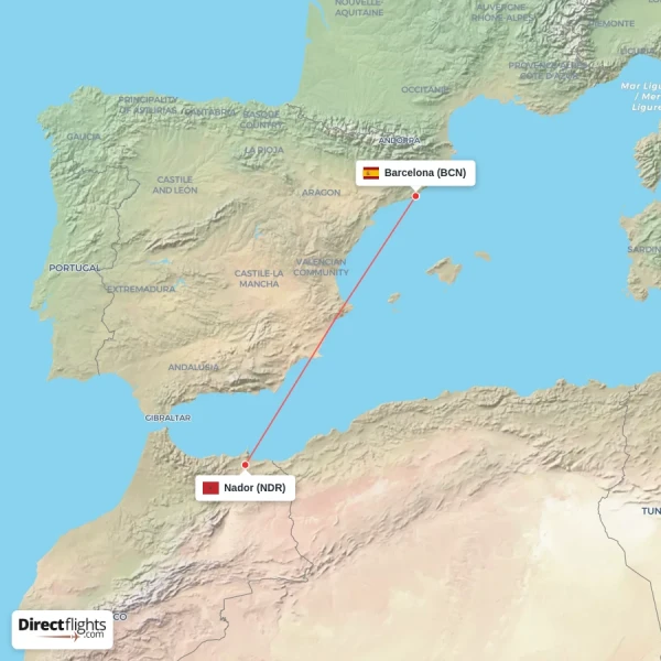 Nador - Barcelona direct flight map
