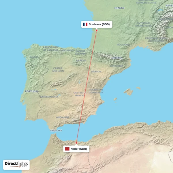 Nador - Bordeaux direct flight map