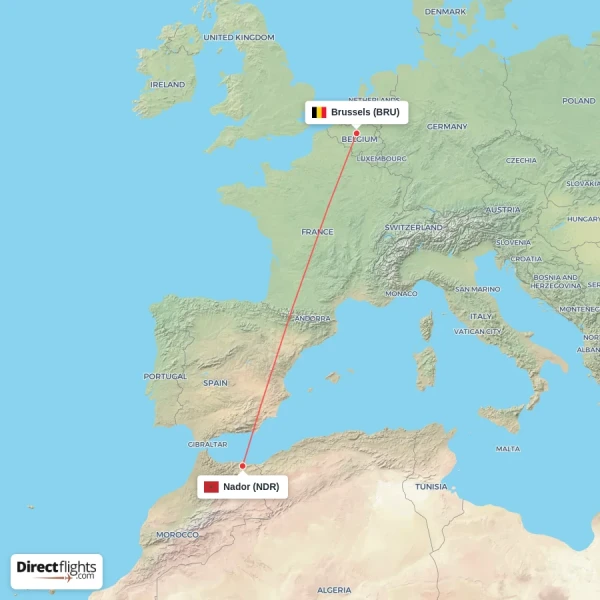 Nador - Brussels direct flight map