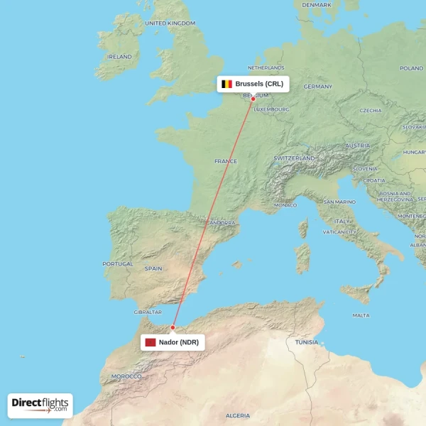 Nador - Brussels direct flight map