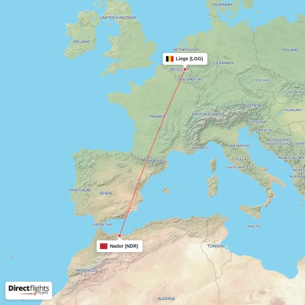 Nador - Liege direct flight map