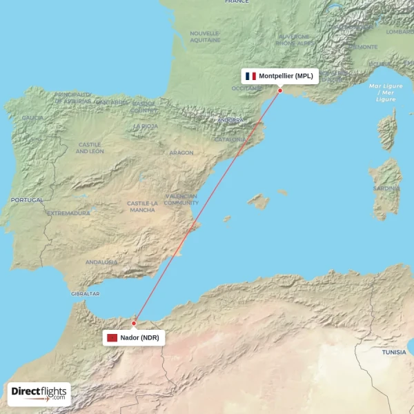 Nador - Montpellier direct flight map