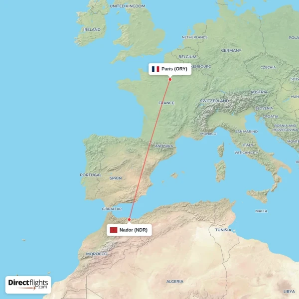 Nador - Paris direct flight map