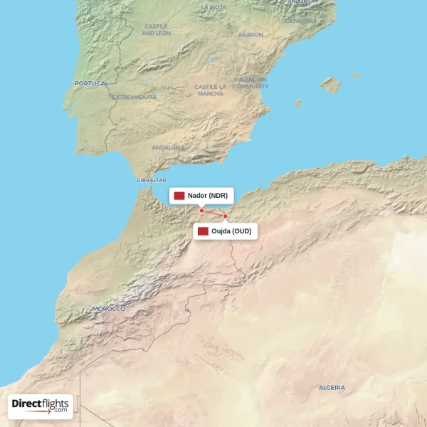 Nador - Oujda direct flight map