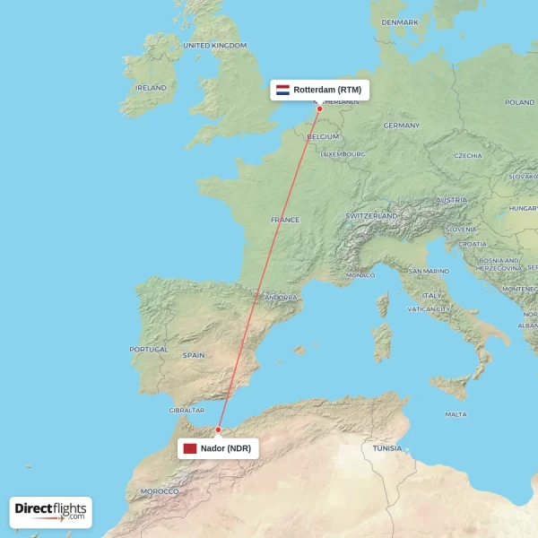 Nador - Rotterdam direct flight map