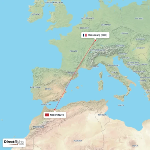 Nador - Strasbourg direct flight map