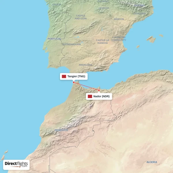 Nador - Tangier direct flight map