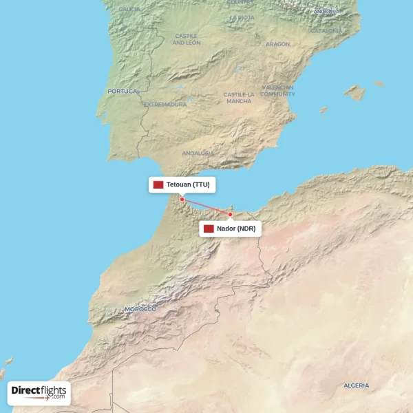 Nador - Tetouan direct flight map