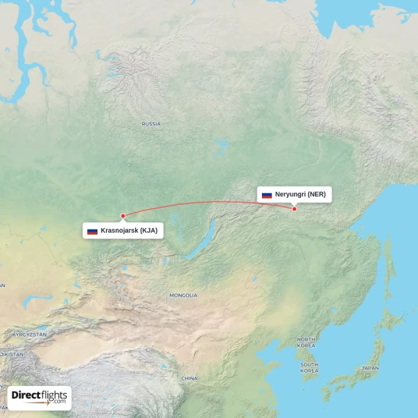 Neryungri - Krasnojarsk direct flight map