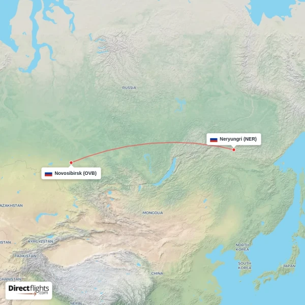 Neryungri - Novosibirsk direct flight map