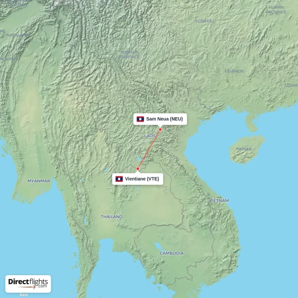 Sam Neua - Vientiane direct flight map