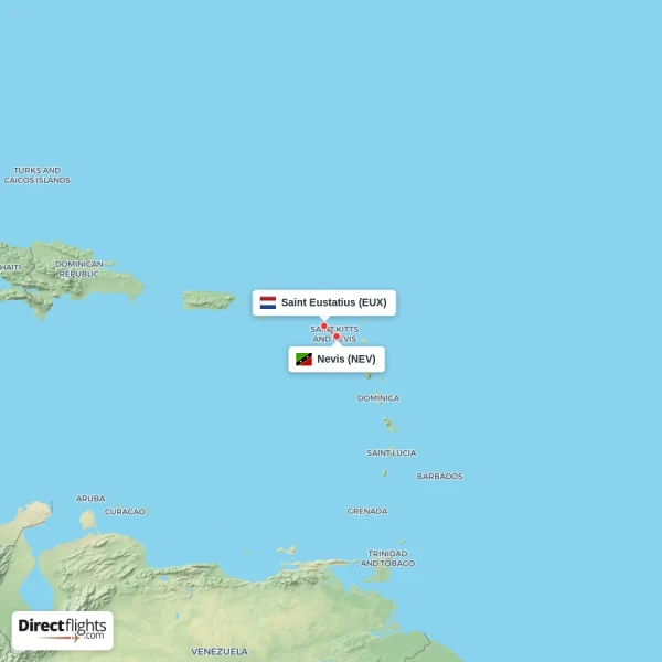 Nevis - Saint Eustatius direct flight map