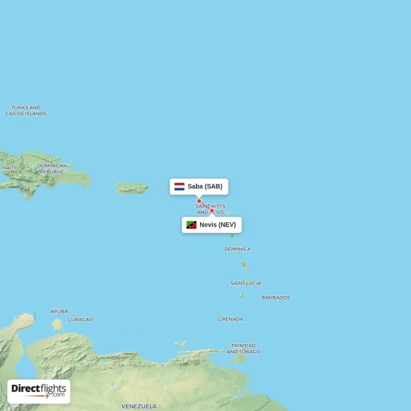 Nevis - Saba direct flight map