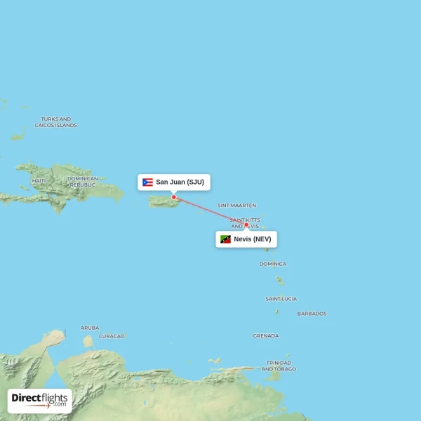 Nevis - San Juan direct flight map
