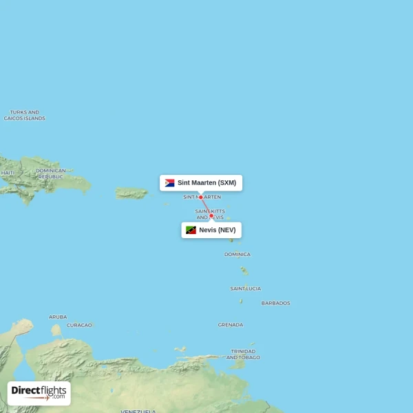 Nevis - Sint Maarten direct flight map
