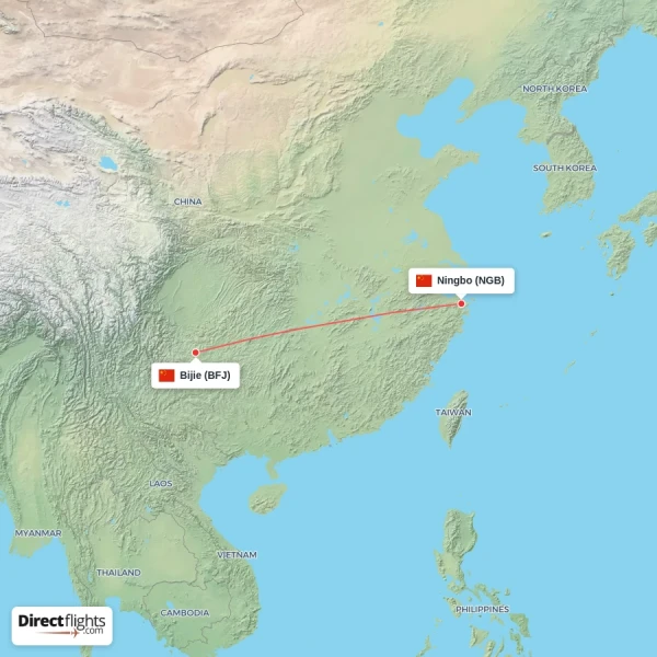 Ningbo - Bijie direct flight map