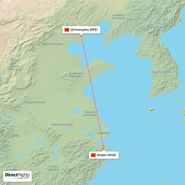 Ningbo - Qinhuangdao direct flight map