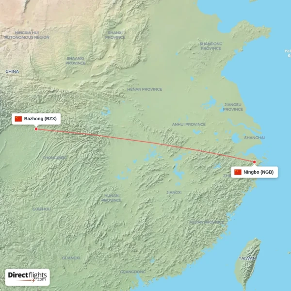 Ningbo - Bazhong direct flight map