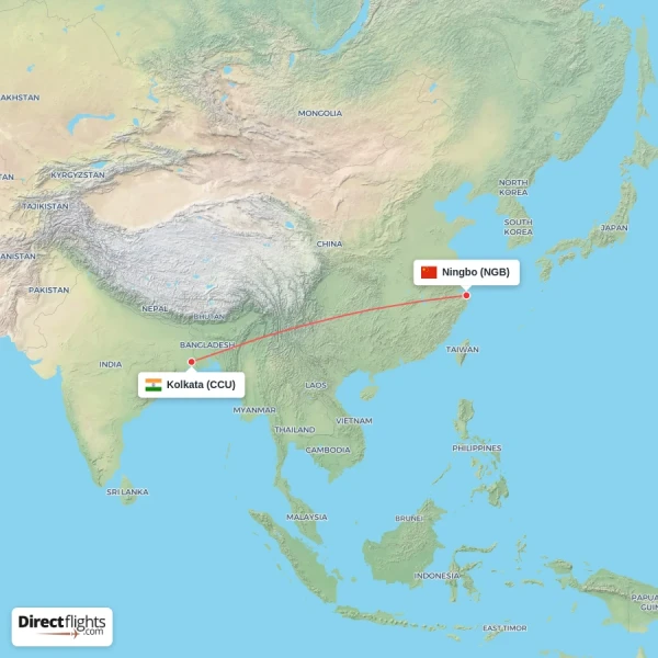 Ningbo - Kolkata direct flight map