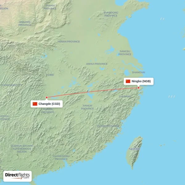 Ningbo - Changde direct flight map