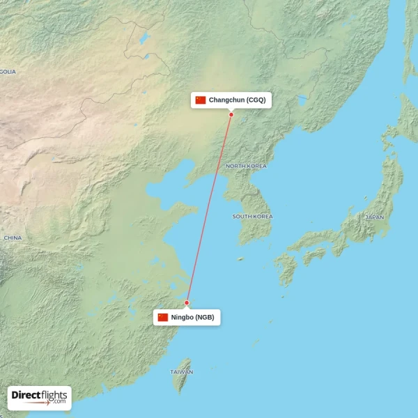 Ningbo - Changchun direct flight map