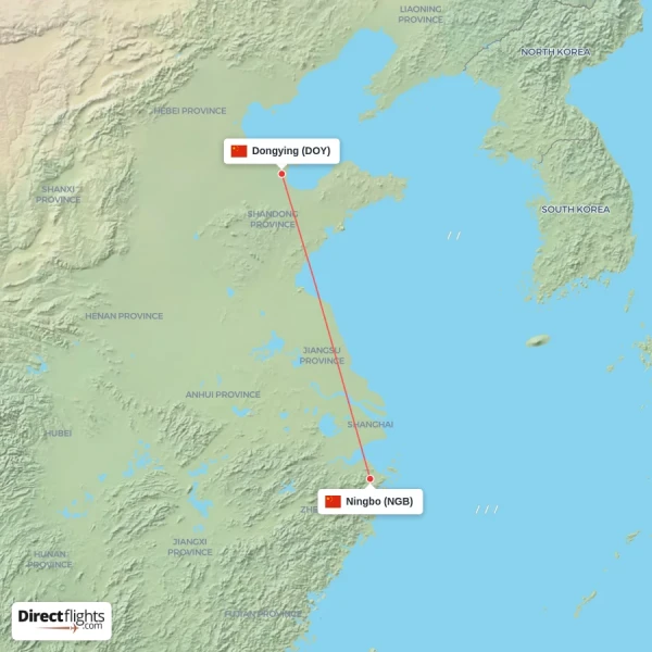 Ningbo - Dongying direct flight map