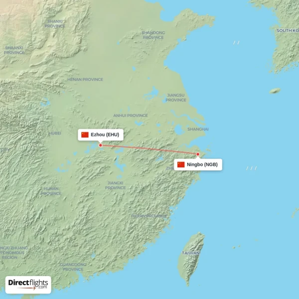 Ningbo - Ezhou direct flight map