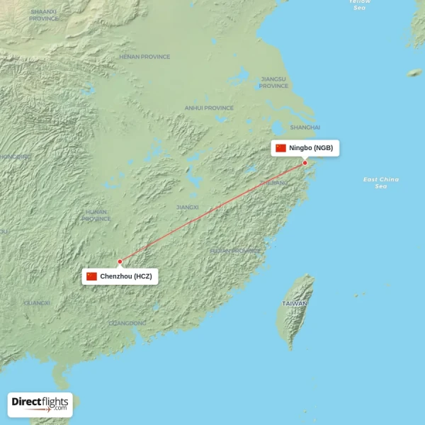 Ningbo - Chenzhou direct flight map