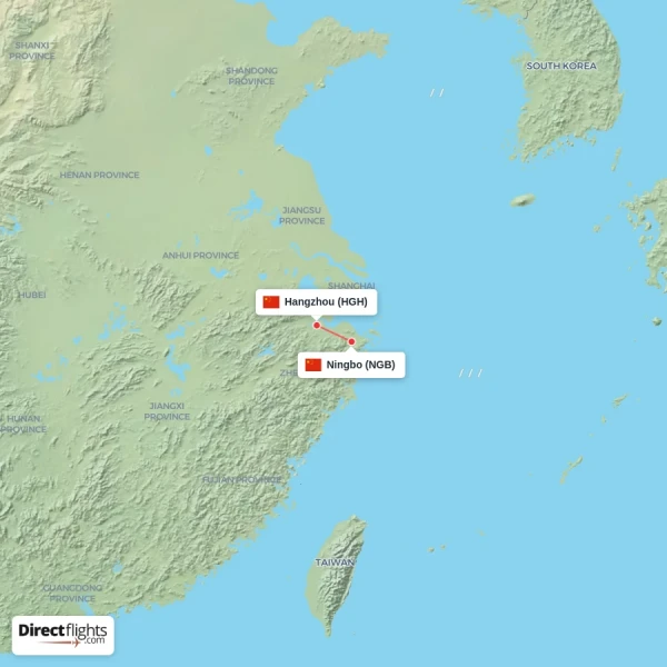 Ningbo - Hangzhou direct flight map