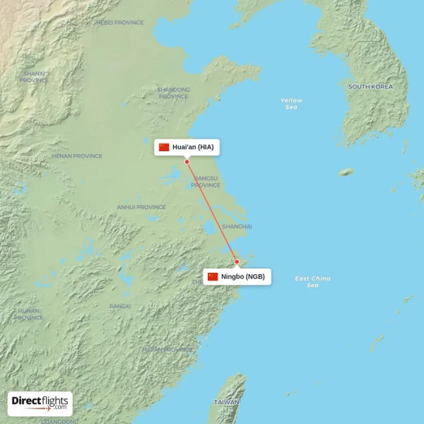 Ningbo - Huai'an direct flight map