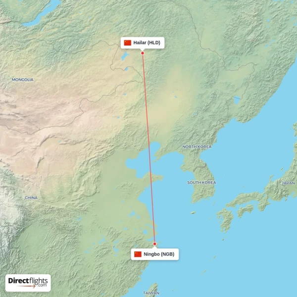 Ningbo - Hailar direct flight map